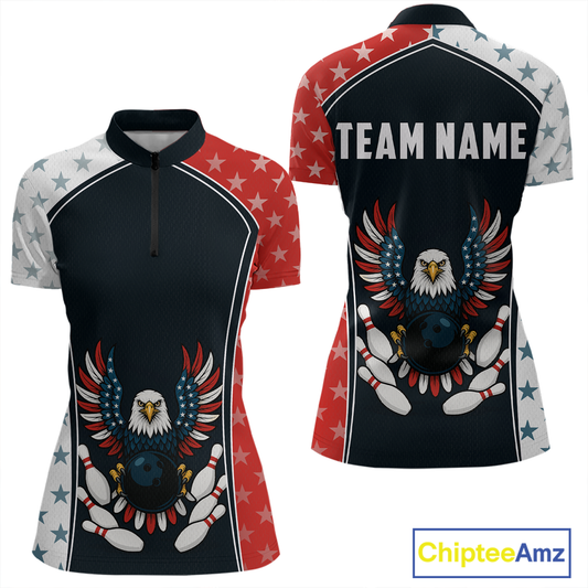 Eagel US Flag Bowling Custom Women Bowling Shirt Polo & Quarter-Zip Bowling Team Jerseys HNT57