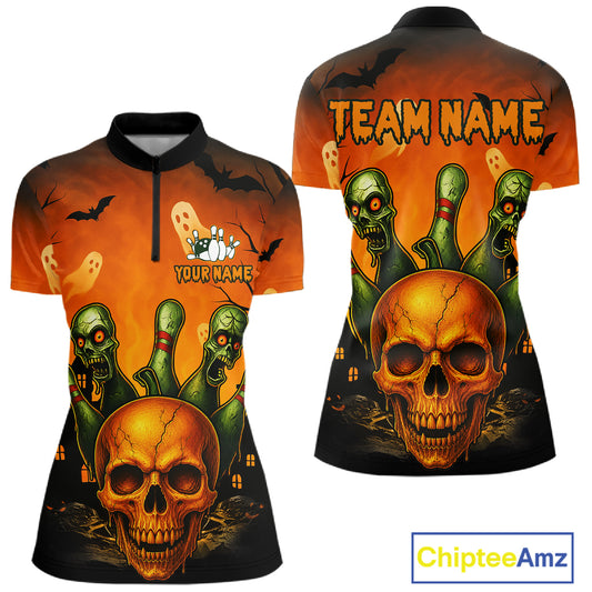 Front and back views of a short-sleeve women's quarter-zip jersey with a Halloween-themed graphic print. The design features a large skull, green bowling pins, ghosts, bats, and the text 'TEAM NAME' and 'YOUR NAME'.