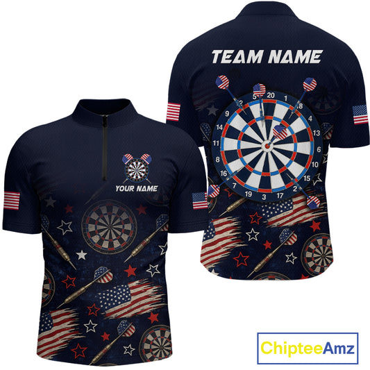 Front and back view of a custom navy dart quarter zip featuring a distressed American flag graphic with personalized team name and player name.