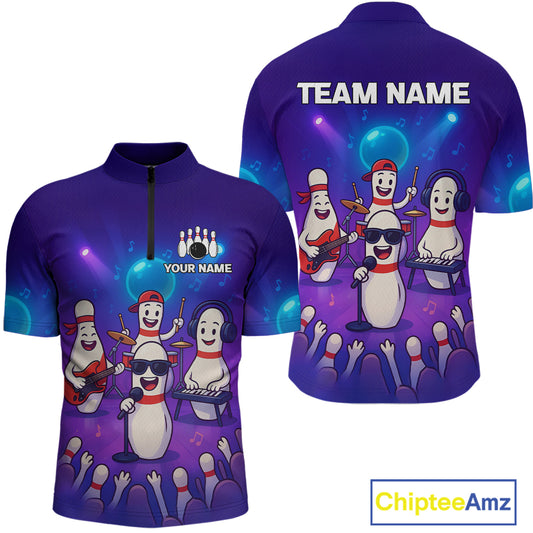 Custom Funny Bowling Pins Music Shirt Neon Bowling Jersey for Men Polo & 1/4 Zip Bowling Outfit QZT788