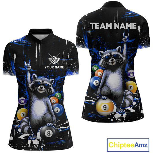 Polo shirt with raccoon design and customizable text on a black background