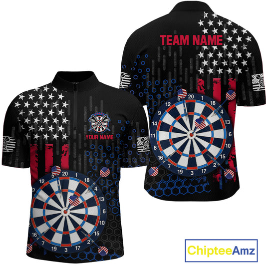 Custom darts quarter-zip jersey for men with American flag design and dartboard graphic, personalized team name and player name by ChipteeAmz