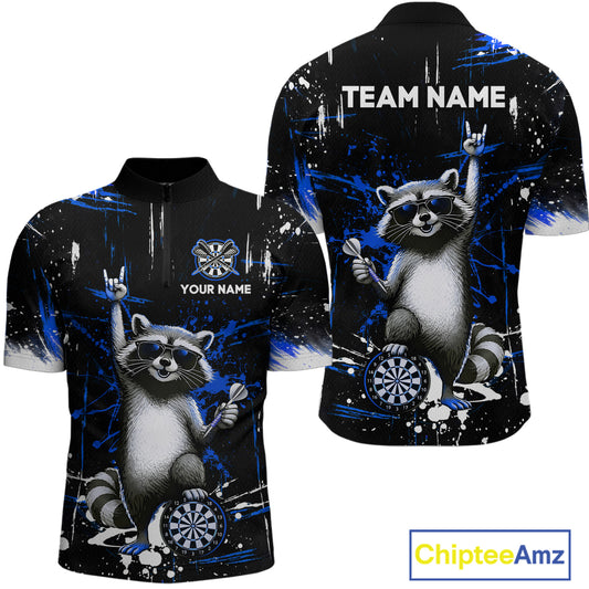 Custom Blue Funny Raccoon Dart Team Shirt for Men Dart Jersey Polo & /4-Zip Dartboard Shirt Outfit DHT29