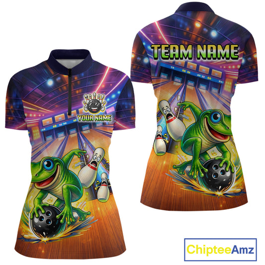 Custom Funny Frog Bowling Shirt for Women Polo & 1/4-Zip Bowling Team Jersey League QZT843