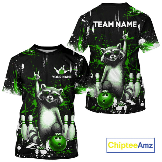Black and green t-shirt with raccoon design and customizable text, featuring the brand 'ChipteeAmz'.