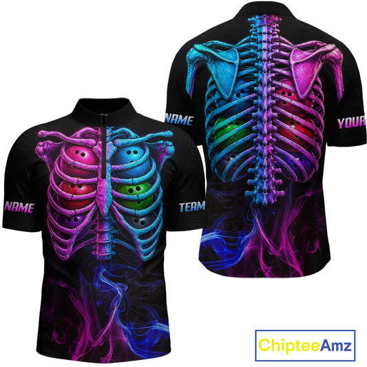Black short-sleeve quarter-zip jersey shown from the front and back, featuring a large neon skeleton rib cage graphic in pink, blue, and purple with smoky effects and customizable text placeholders on the sleeves.