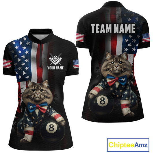 Front and back views of a women's short-sleeve quarter-zip jerseys with a custom American flag and cat graphic design. The shirt features a large cat wearing a bow tie and holding an 8-ball on the front, and 'TEAM NAME' with placeholder text on the back.