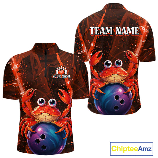 Customizable shirt with a crab and bowling ball design, featuring 'Team Name' and 'Your Name' text on a white background.