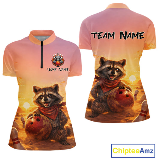 Custom Sunset Raccoon Bowling Team Shirt for Women Bowling Jesey Polo & Quarter-Zip QZT977
