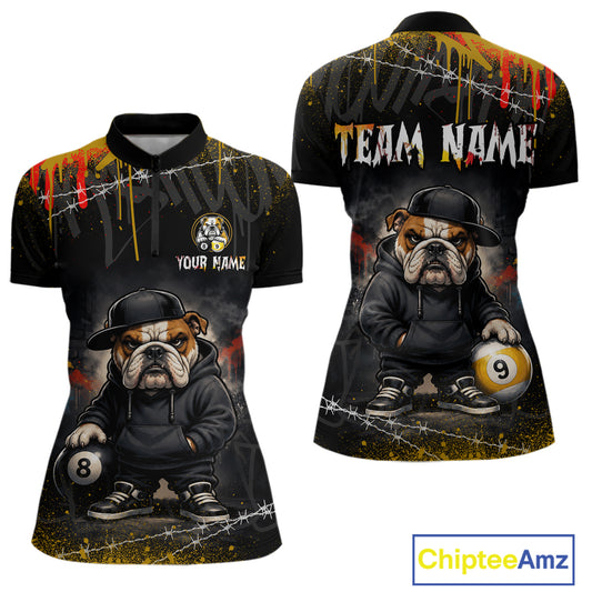 Front and back views of a women's short-sleeve quarter-zip shirt with a custom bulldog graphic. The shirt features a black base with a cartoon bulldog wearing a black hoodie and hat, holding pool balls, with barbed wire and paint splatter details.