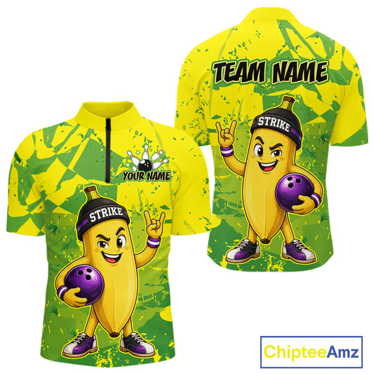 Front and back view custom yellow banana bowling quarter-zip shirt featuring a funny cartoon fruit, bowling ball and green camouflage pattern, displaying Your Name and Team Name