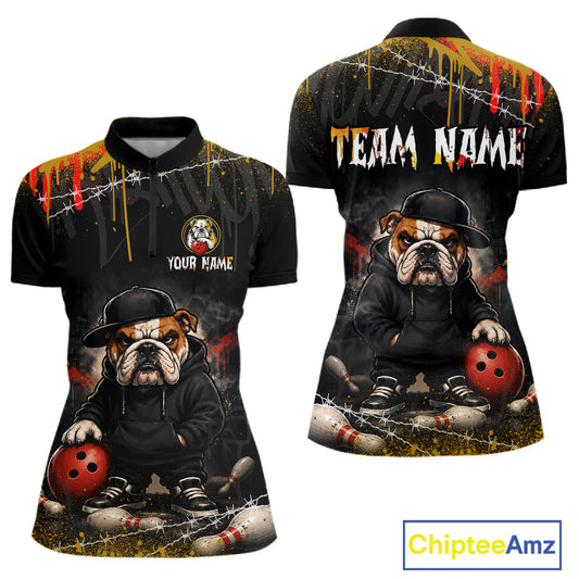 Front and back view custom black bulldog bowling quarter-zip shirt featuring a fierce cartoon mascot, bowling ball, paint drip effect and grunge pattern, displaying Your Name and Team Name