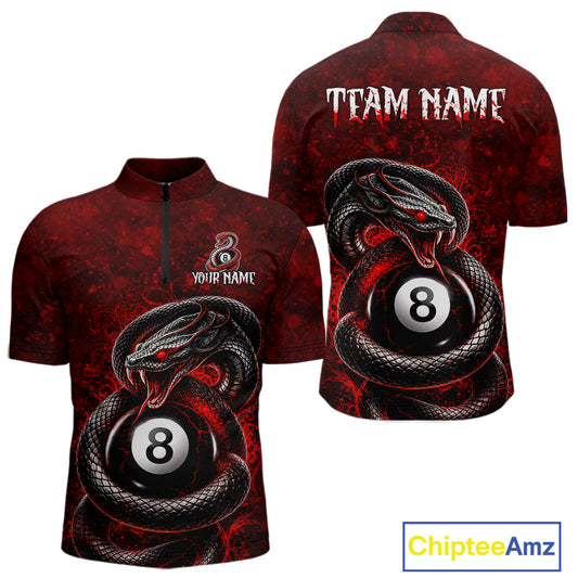 Custom short-sleeve quarter-zip shirt shown from the front and back, featuring a red and black snakes wrapping around an 8-ball pool cue design, with 'TEAM NAME' and 'YOUR NAME' placeholder text on the chest and back.