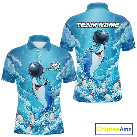 Custom Funny Dolphin Bowling Polo Shirt Blue Ocean Theme Team Jersey Bowling Outfit for Men QZT857