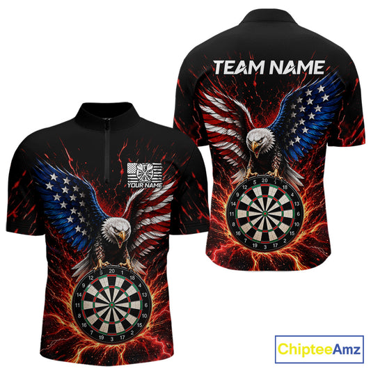 Front and back view of a custom patriotic eagle dart quarter zip featuring a bald eagle, an American flag, and a flaming dartboard, personalized team name and player name.