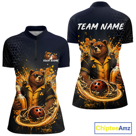 Custom black & gold bear bee & beer bowling quarter-zip shirt, front and back views, bowling league jersey for women