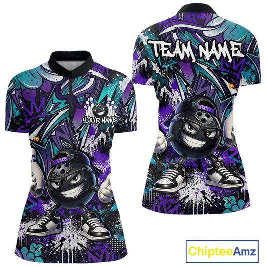 Colorful bowling shirt with cartoon character design and 'Team Name' text on a white background.
