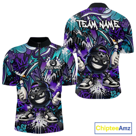 Purple and black bowling shirt with cartoon character and 'Team Name' text, featuring Chiptee Amz branding.