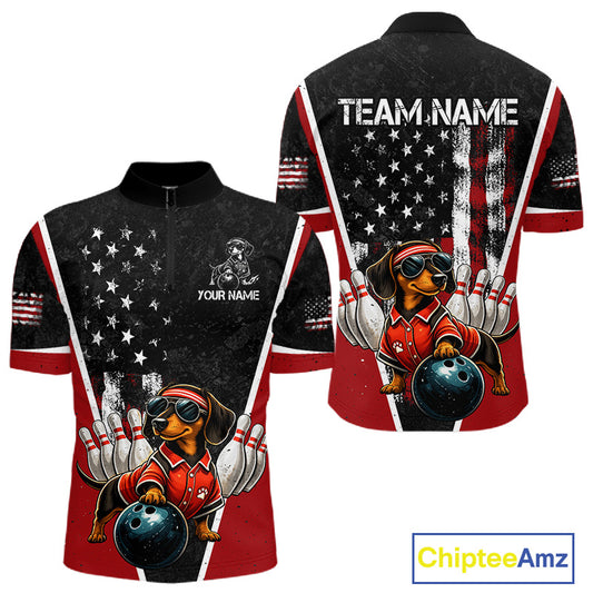 Custom bowling-themed short-sleeve crewneck shirt shown from the front and back. The design features a black and red American flag pattern with a cartoon dachshund bowling ball dog wearing a red bowling jersey and sunglasses, white bowling pins, and customizable text placeholders 'YOUR NAME' and 'TEAM NAME'.