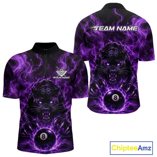 A short-sleeve zip-up shirt shown from the front and back on a white background. The shirt features a black and purple 3D effect print of a roaring black panther surrounded by purple lightning, with a black 8-ball pool ball graphic.