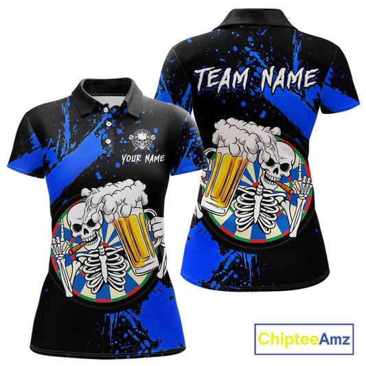 Custom Blue Skeleton Dart Jersey for Team Polo & 1/4 Zip Beer Dartboard Shirts Dart Jerseys Gift for Women DHT3