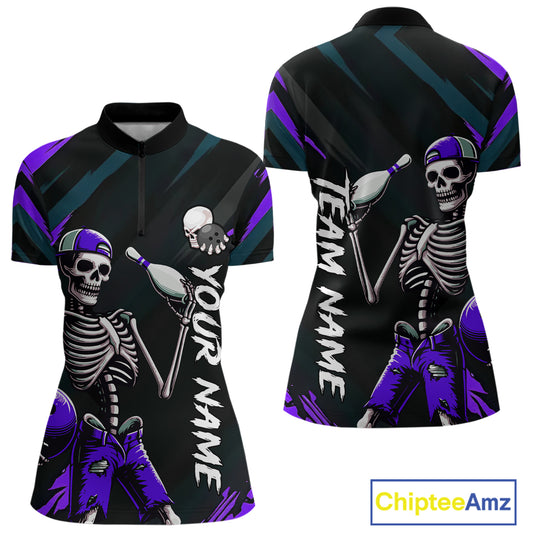 Custom Purple Skull Bowling Team Shirt for Women Polo & 1/4 Zip Bowling League Jersey Bowling Gift QZT794