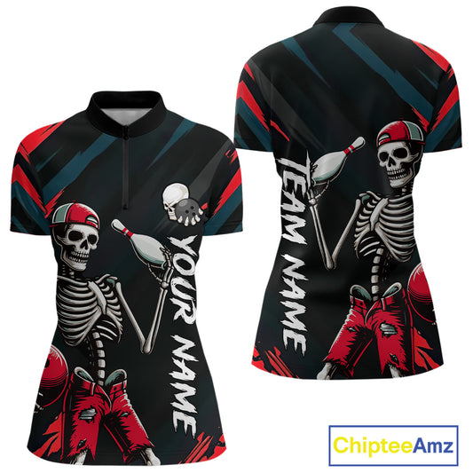 Custom Red Skull Bowling Team Shirt for Women Polo & 1/4 Zip Bowling League Jersey Bowling Gift QZT794