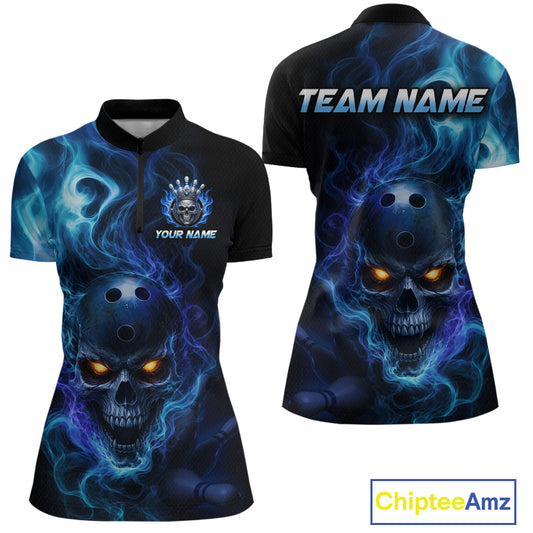 Front and back views of a black bowling quarter zip shirt featuring a flaming skull with glowing orange eyes, blue smoke effects, and custom “TEAM NAME” and “YOUR NAME” text.