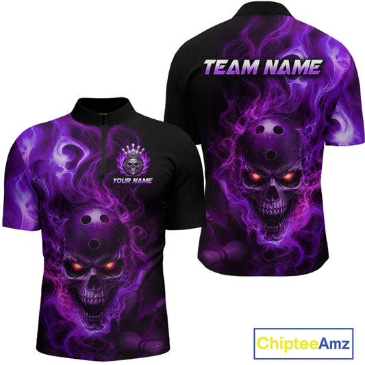Front and back views of a black bowling quarter zip shirt featuring a flaming skull with glowing orange eyes, purple smoke effects, and custom “TEAM NAME” and “YOUR NAME” text.