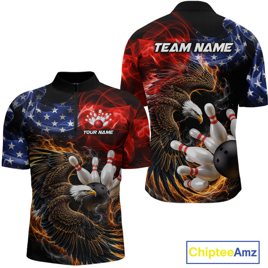Custom Smoke US Flag Eagle Bowling Jersey for Men Bowling Team Shirts Bowling League Polo & 1/4 Zip HNT472
