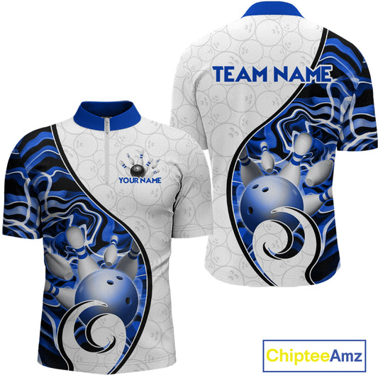 Custom Blue Liquid Swirl Bowling Jersey for Men Bowling Team Shirts Bowling League Polo & 1/4 Zip HNT471