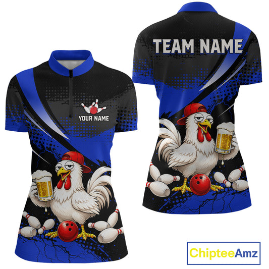 Front and back views of a blue and black bowling quarter zip featuring a chicken holding a beer mug, red bowling ball, scattered pins, and custom team text.