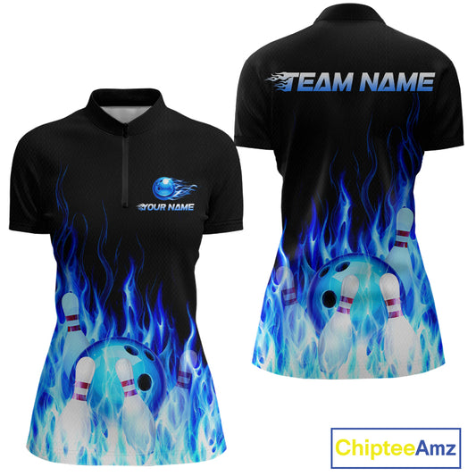 Black bowling-themed polo shirt with blue flames and bowling elements, featuring customizable text 'Your Name' and 'Team Name'.