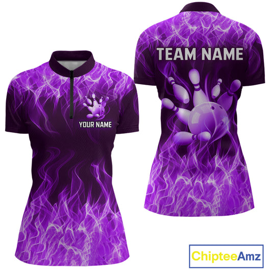Custom Purple Flame Bowling Jersey for Women Polo & 1/4 Zip Bowling Team Shirts Bowling League HNT150