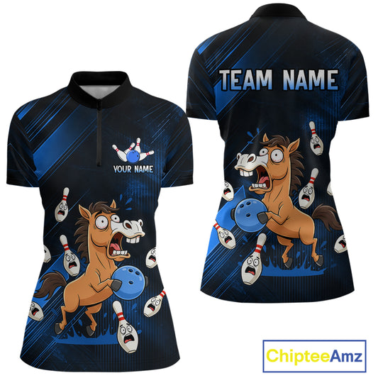 Custom Blue Funny Horse Bowling Jersey for Women Bowling Team Shirts Bowling Tournament HNT184