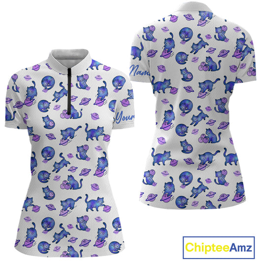 White shirt with blue cat pattern on a white background, featuring 'Chiptee Amz' branding.