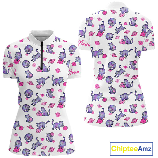 White quarter zip shirt with pink cat pattern and 'Chiptee Amz' branding