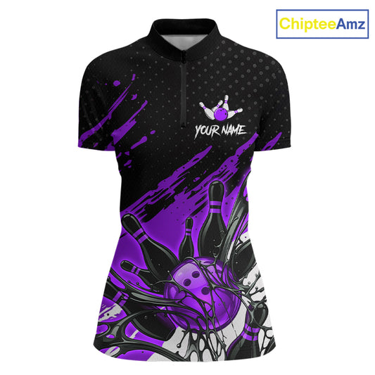 Custom Purple Bowling Jerseys For Women, Personalized Bowling Team Shirts Bowling Pin And Ball HNT283