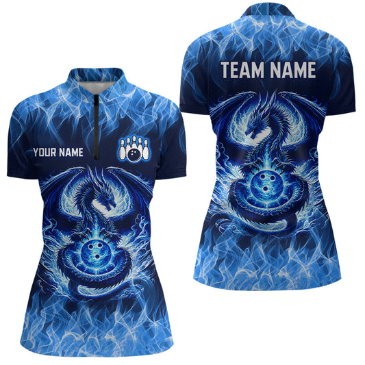 Custom Blue Dragon Flame Bowling Jersey for Women Bowling Team Shirts Bowling Polo & 1/4 Zip HNT189