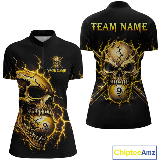Custom Yellow Flame Skull 9 Ball Cracked Billiard Shirt for Women Billiard Team Jersey NNT195