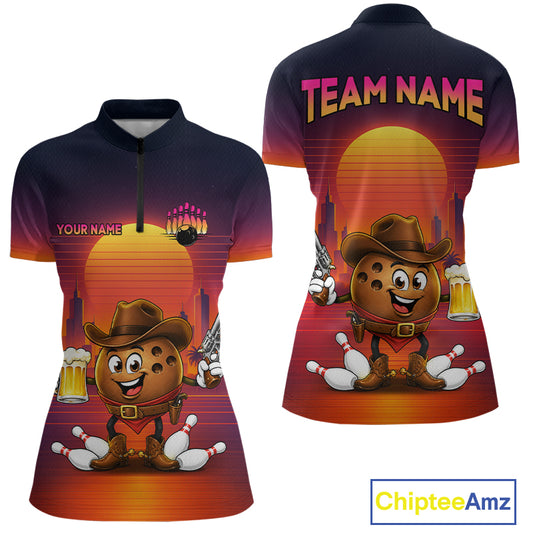 Custom Funny Cowboy Beer Bowling Team Shirts Retro Sunset Bowling Jersey for Women HNT463