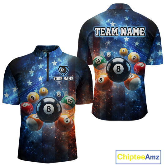 Two views of a sports jersey with billiard ball design and customizable text, featuring the brand 'Chiptee Amz'.