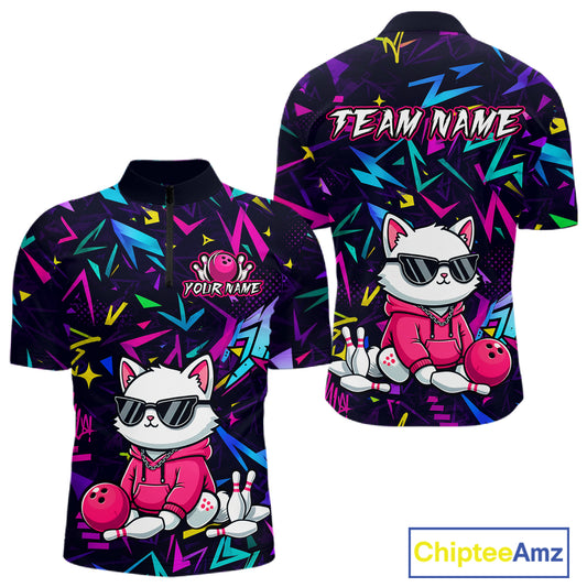 Front and back views of a black bowling quarter zip with neon geometric patterns, custom team text, and a white cat mascot in sunglasses holding a pink bowling ball.