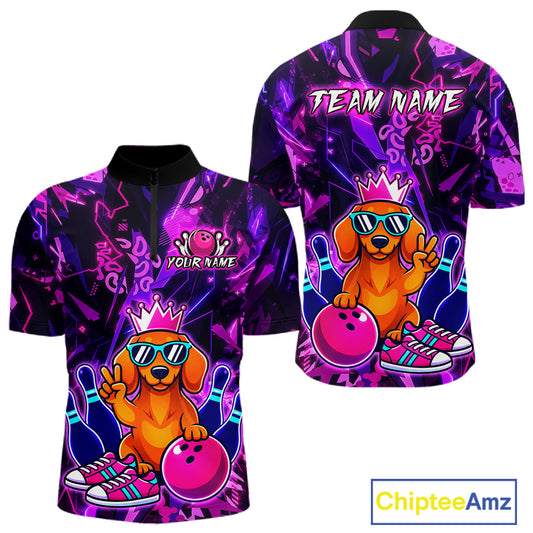 Front and back views of a black and purple bowling quarter zip shirt featuring a cartoon dachshund wearing sunglasses and a crown, holding a pink bowling ball, with custom team and player name text.