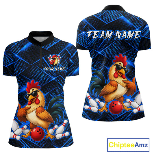 Front and back views of a blue and black bowling quarter zip shirt featuring a cool rooster mascot wearing sunglasses, a red bowling ball, bowling pins, and custom team text.