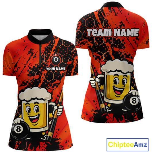 Custom Funny Red Beer 8 Ball Pool Billiard Shirt for Women Polo & 1/4 Zip, Billiard Team Jerseys NNT147