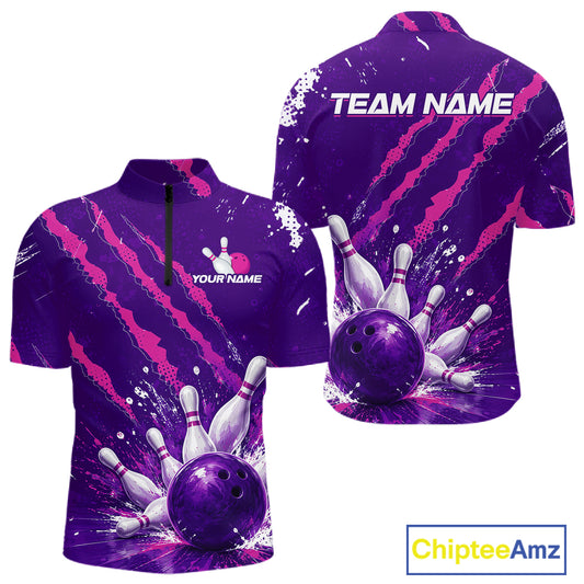 A purple and pink bowling-themed short-sleeve quarter-zip shirt shown from both front and back. The front features a bowling ball and pins graphic near the hem, and the back has 'TEAM NAME' printed across the shoulders.