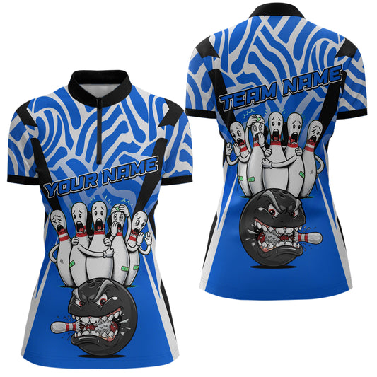 Custom Blue Funny Bowling Jersey for Women Bowling Team Shirts Bowling League Polo & 1/4 Zip HNT155