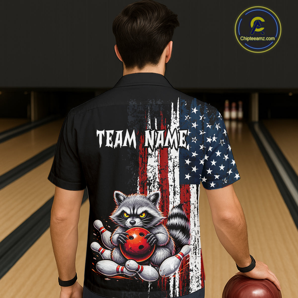 Custom Black US Flag Raccoon Hawaiian Bowling Jersey Bowling Team Shirts Bowling Uniform HNT334