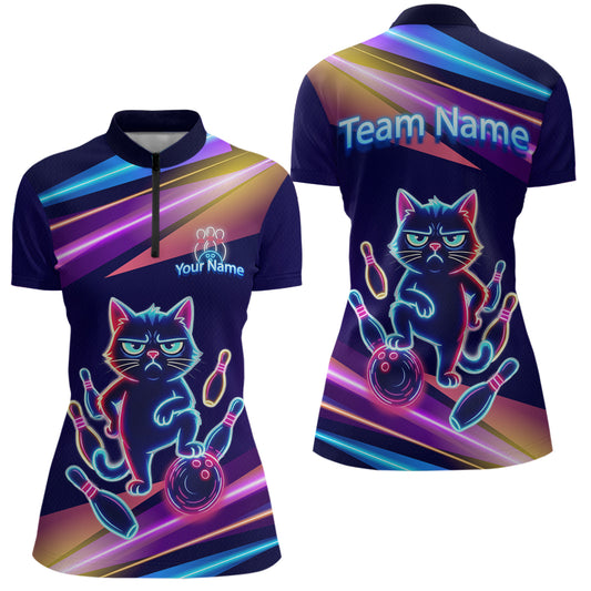 Custom Funny Cat Neon Bowling Jerseys for Women Bowling League Polo & 1/4 Zip Bowling Team Shirts HNT202